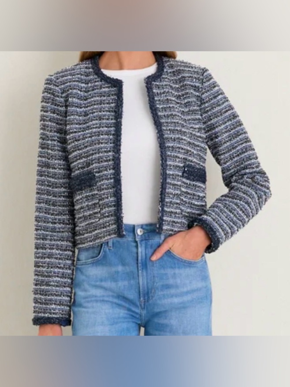 Tuckernuck Blue Multi Tweed Fringe Cropped Gilles Jacket New With Tags